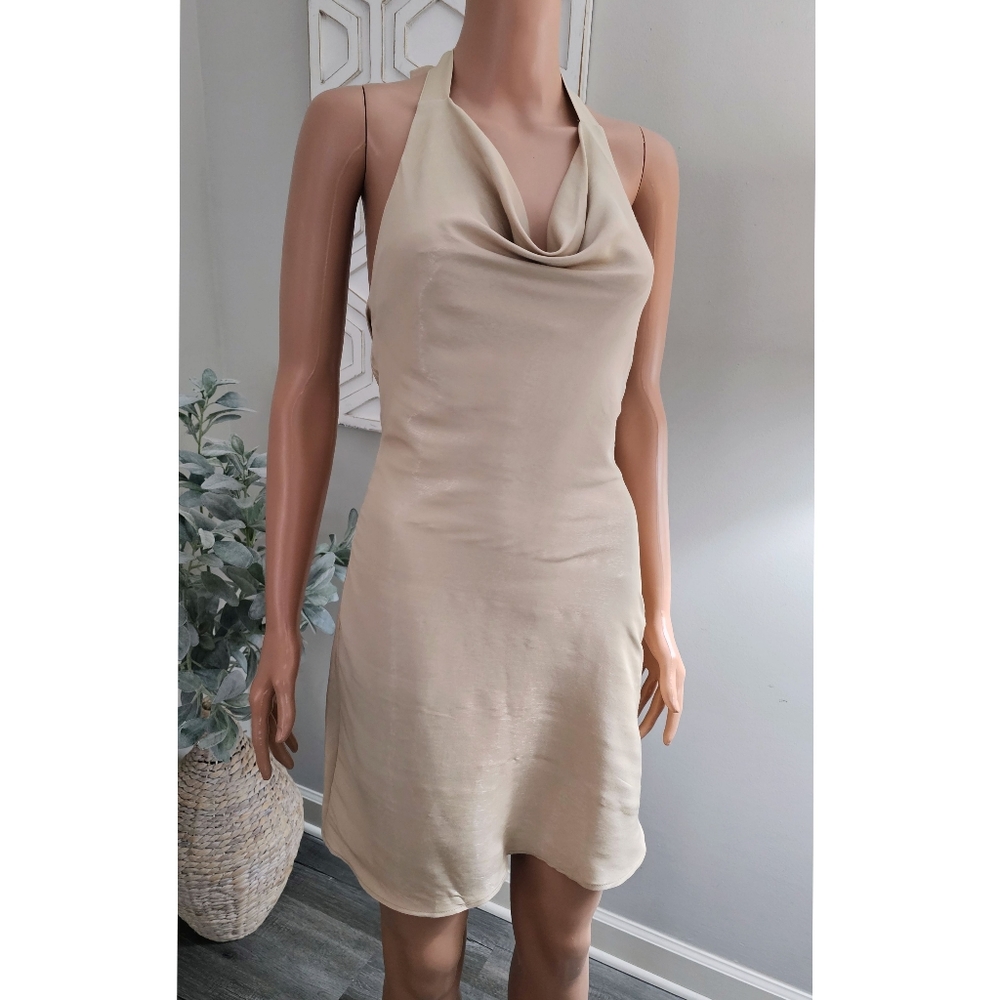 ZARA Tan Shimmering Halter Backless Shawl Kneckline Mini Dress